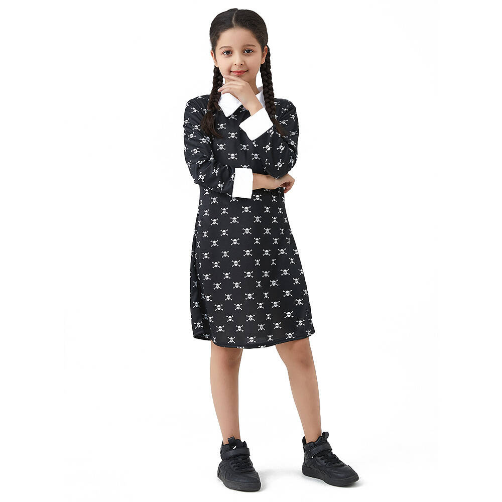 Strój Kostium Wednesday Addams - rozmiar S (110-115 cm) + Peruka z warkoczami o długości 60cm